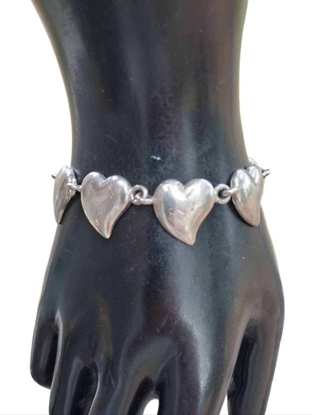 Vintage Silver Tone Heart Link Bracelet Adjustable Cuffed Hearts